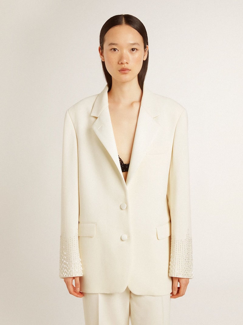 Golden Goose - Einreihige wei&szlig;e Oversize-Damenjacke in Seidenoptik mit Stickerei in 
