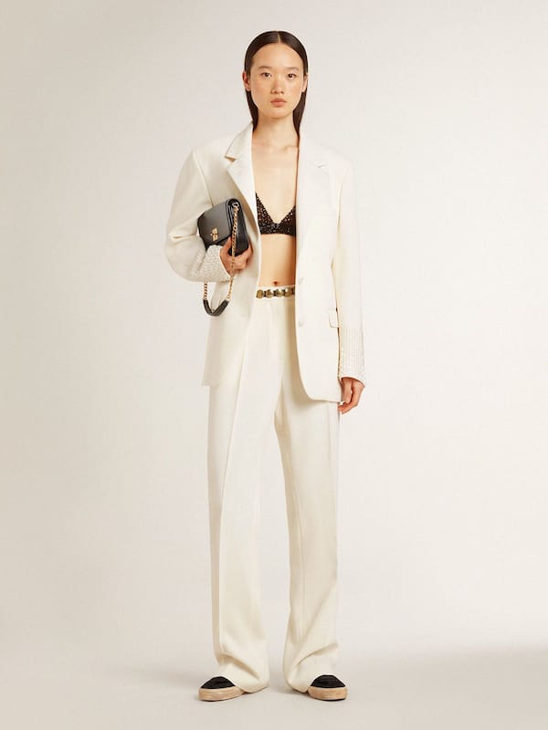 Golden Goose - Single-breasted oversize jacket in white with silk effect and embroidery in 