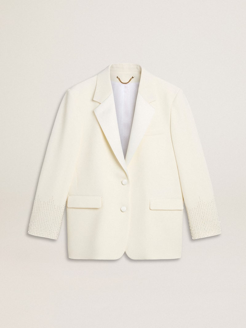 Veste droite oversize blanche pour femme à l’effet soie avec broderie