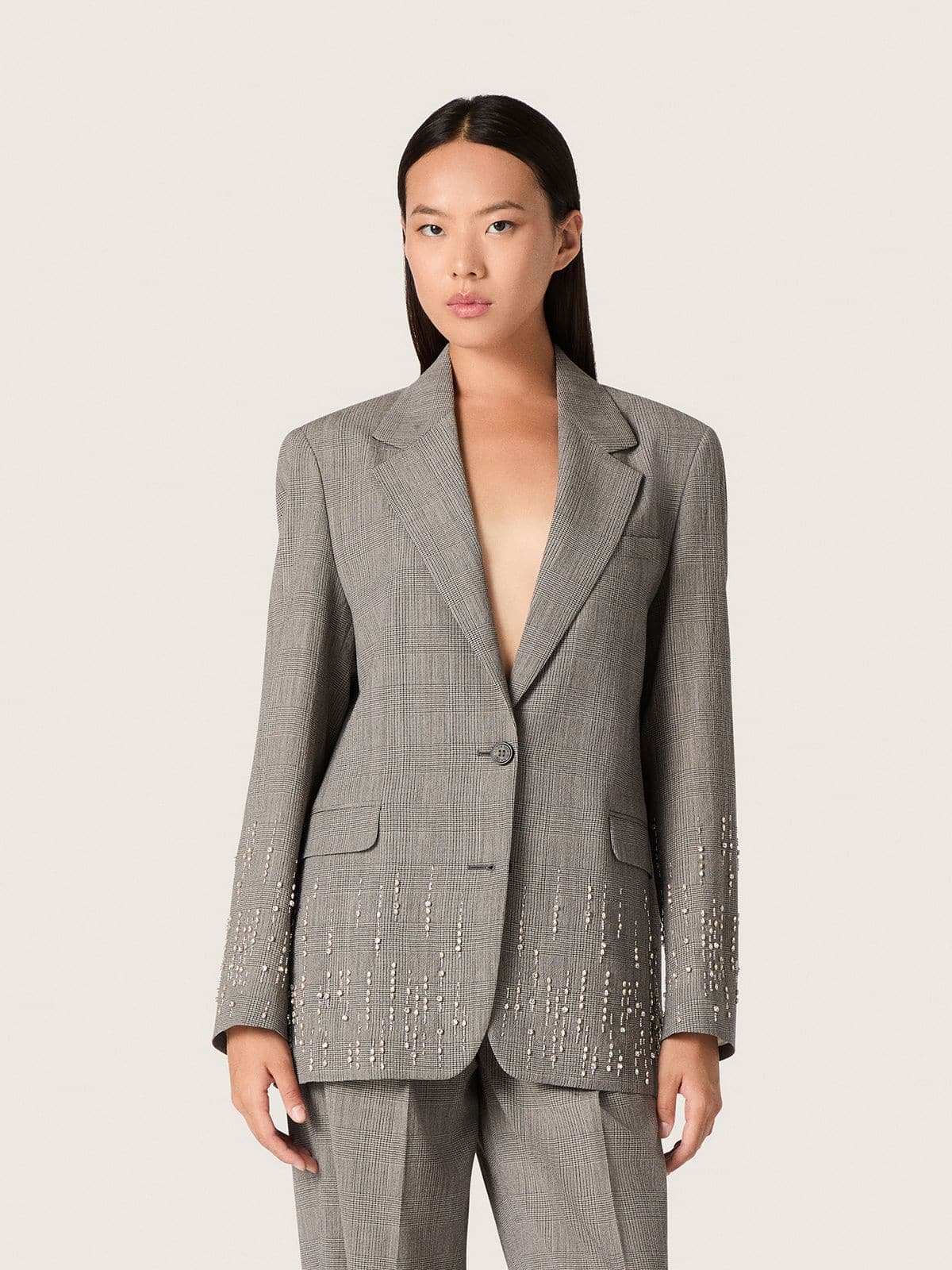 Golden Goose - Women's jacket in gray Prince of Wales check with crystal embroidery in 