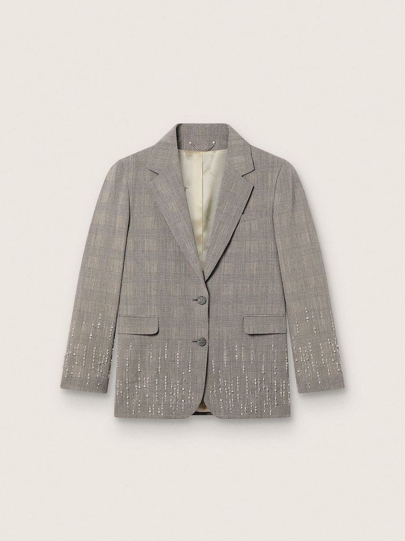 Damenjacke aus grauem Prince-of-Wales-Stoff mit Kristallstickerei