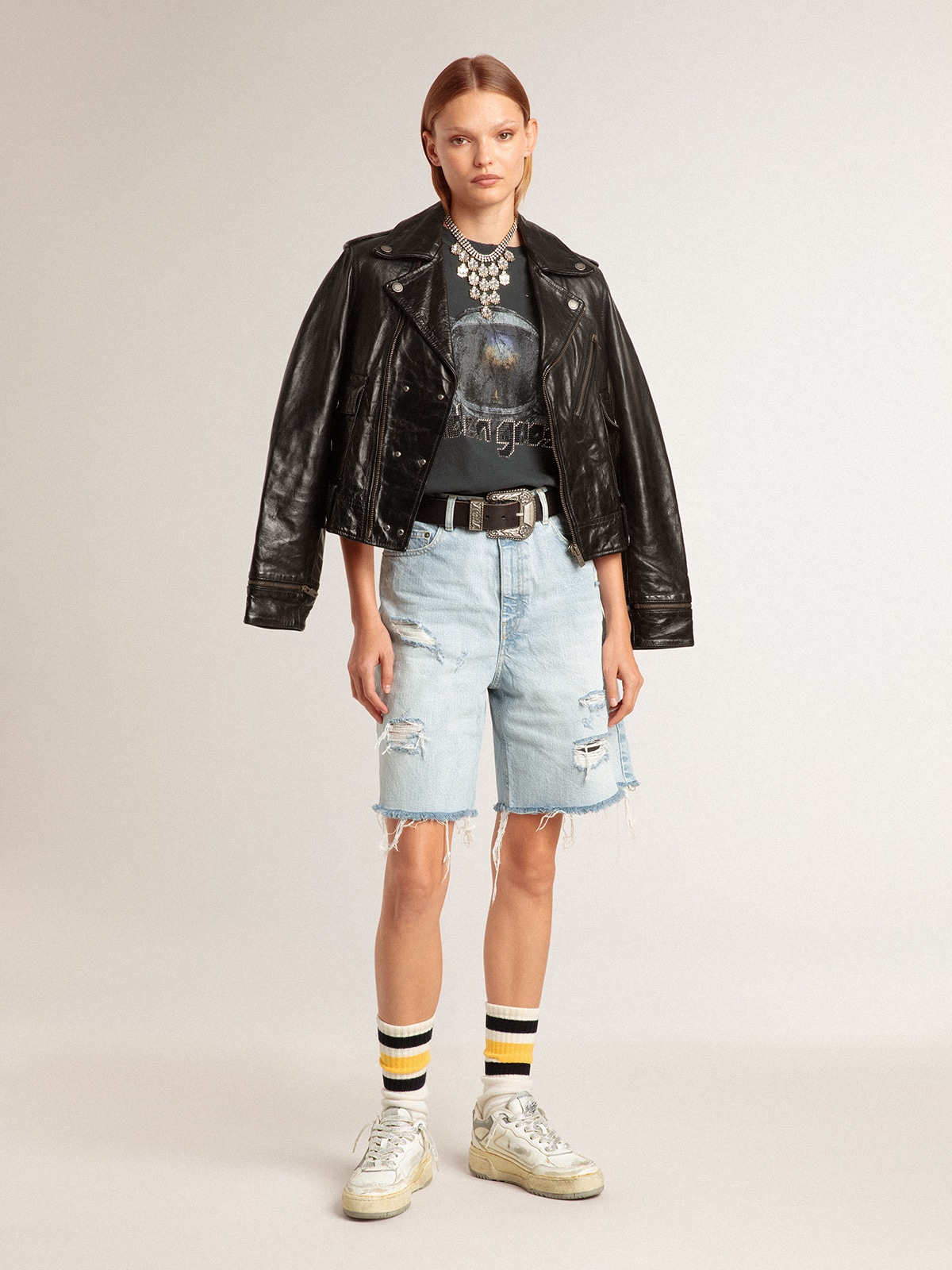 Golden Goose - Women's Bermuda shorts in lived-in effect denim in 