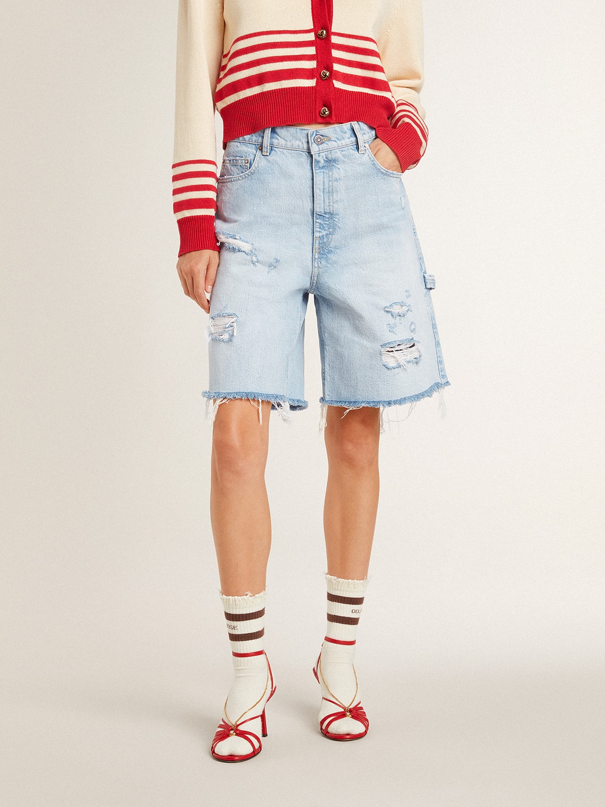 Golden Goose - Women's Bermuda shorts in lived-in effect denim in 