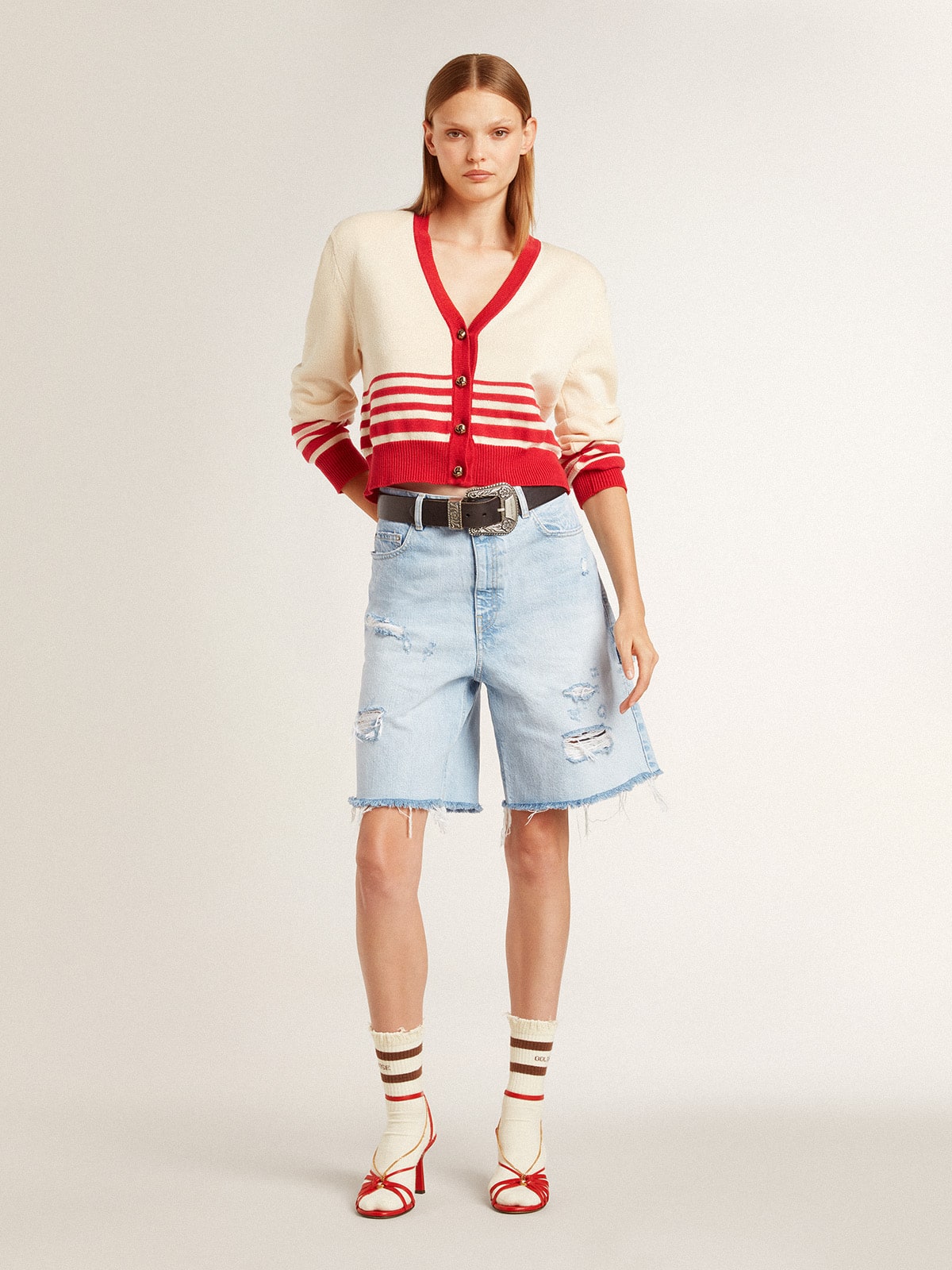 Golden Goose - Women's Bermuda shorts in lived-in effect denim in 