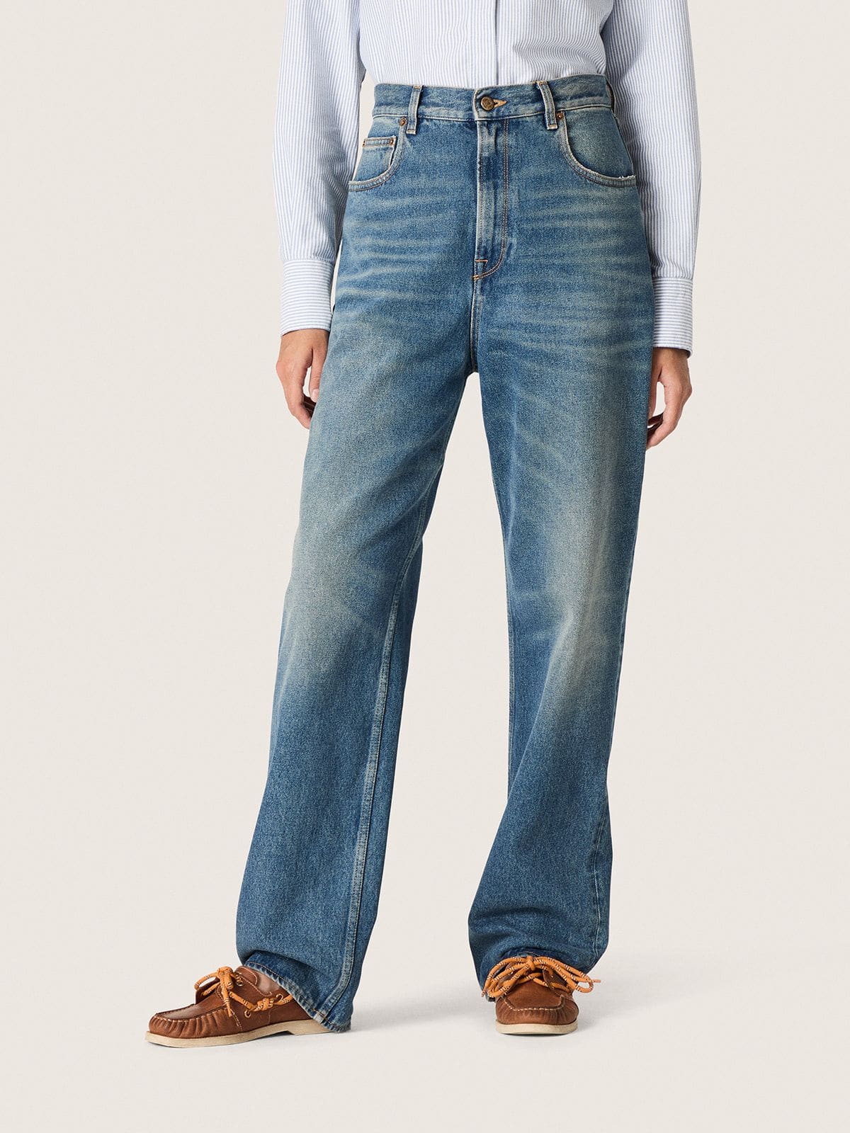 Golden Goose - Jeans boyfriend da Donna Golden in denim azzurro effetto stone washed in 