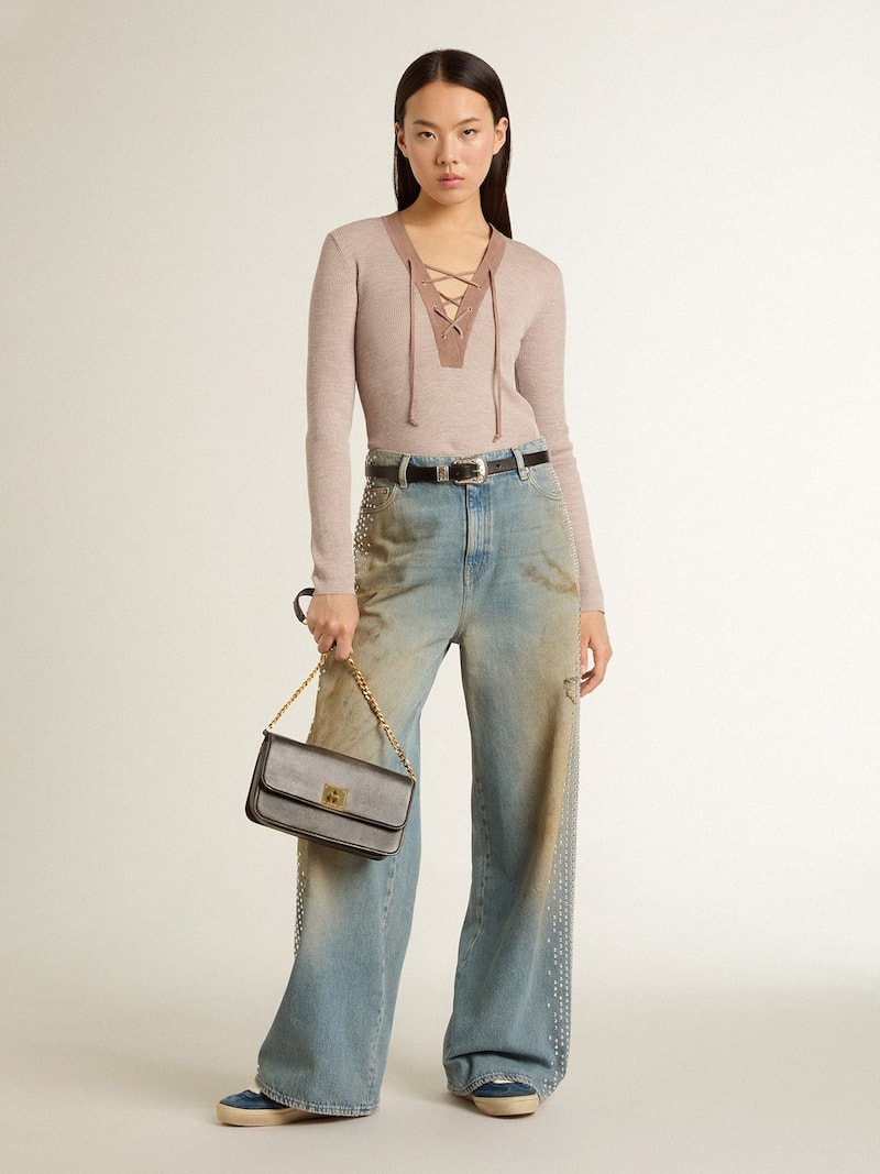 Golden Goose - Jean boyfriend pour femme au d&eacute;lavage couleur sable effet us&eacute; avec cabochons in 
