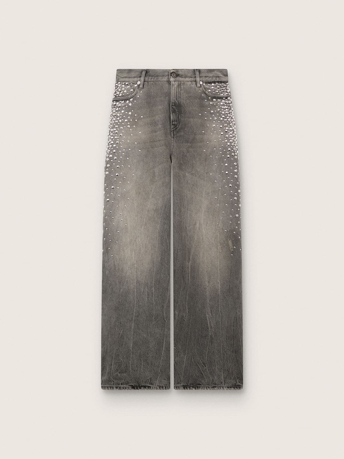 Golden Goose - Women's boyfriend jeans in gray denim with silver gradient-effect studs in 