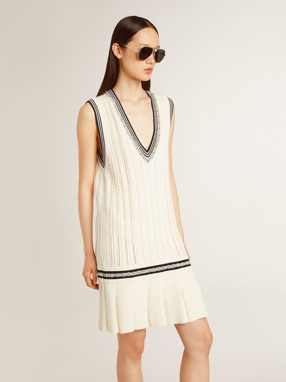 Golden Goose - Women's worn-white cotton vest dress with dark blue ribbing and crystals in 