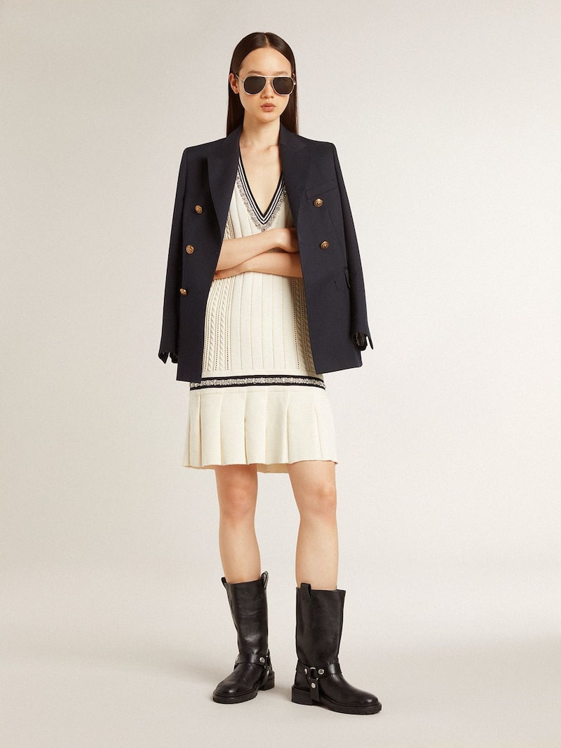 Golden Goose - Vestito gilet in cotone da donna di colore bianco vissuto con costine blu scuro e cristalli in 