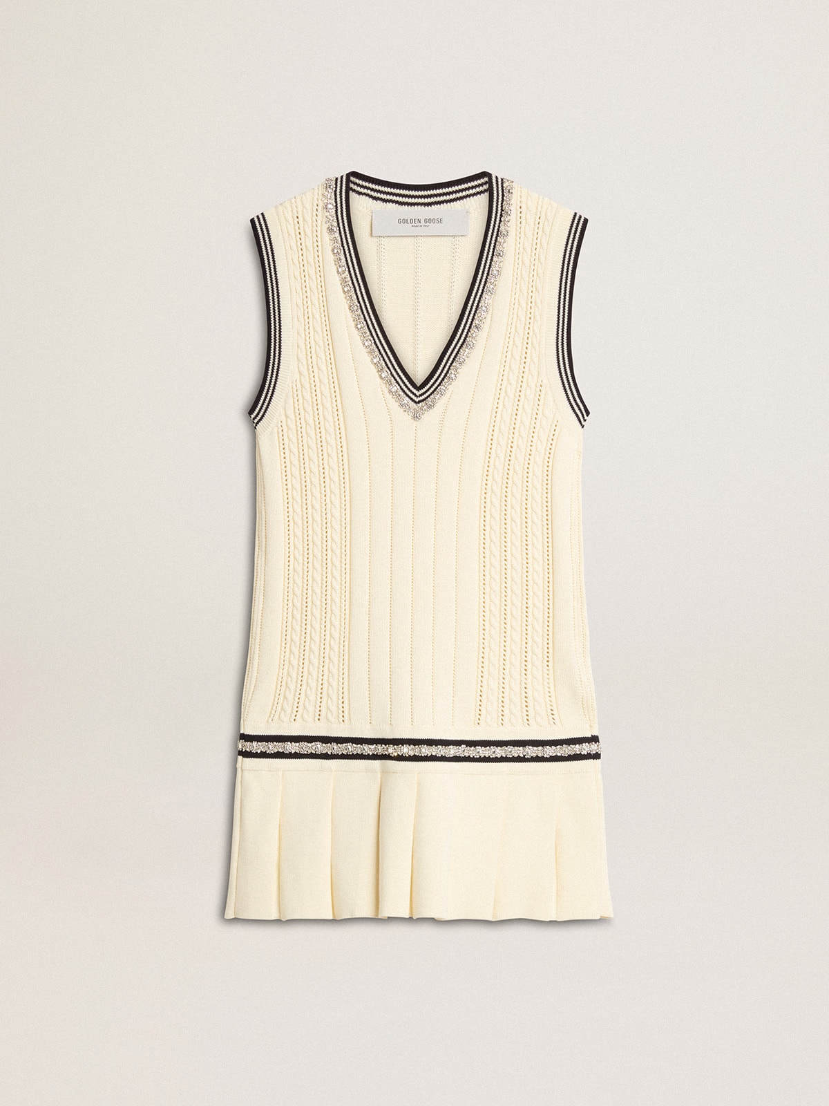 Golden Goose - Women's worn-white cotton vest dress with dark blue ribbing and crystals in 