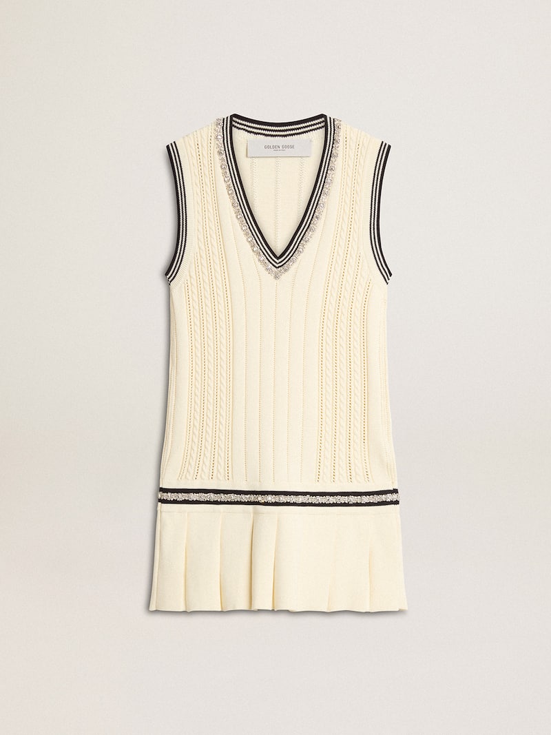 Women's worn-white cotton vest dress with dark blue ribbing and crystals