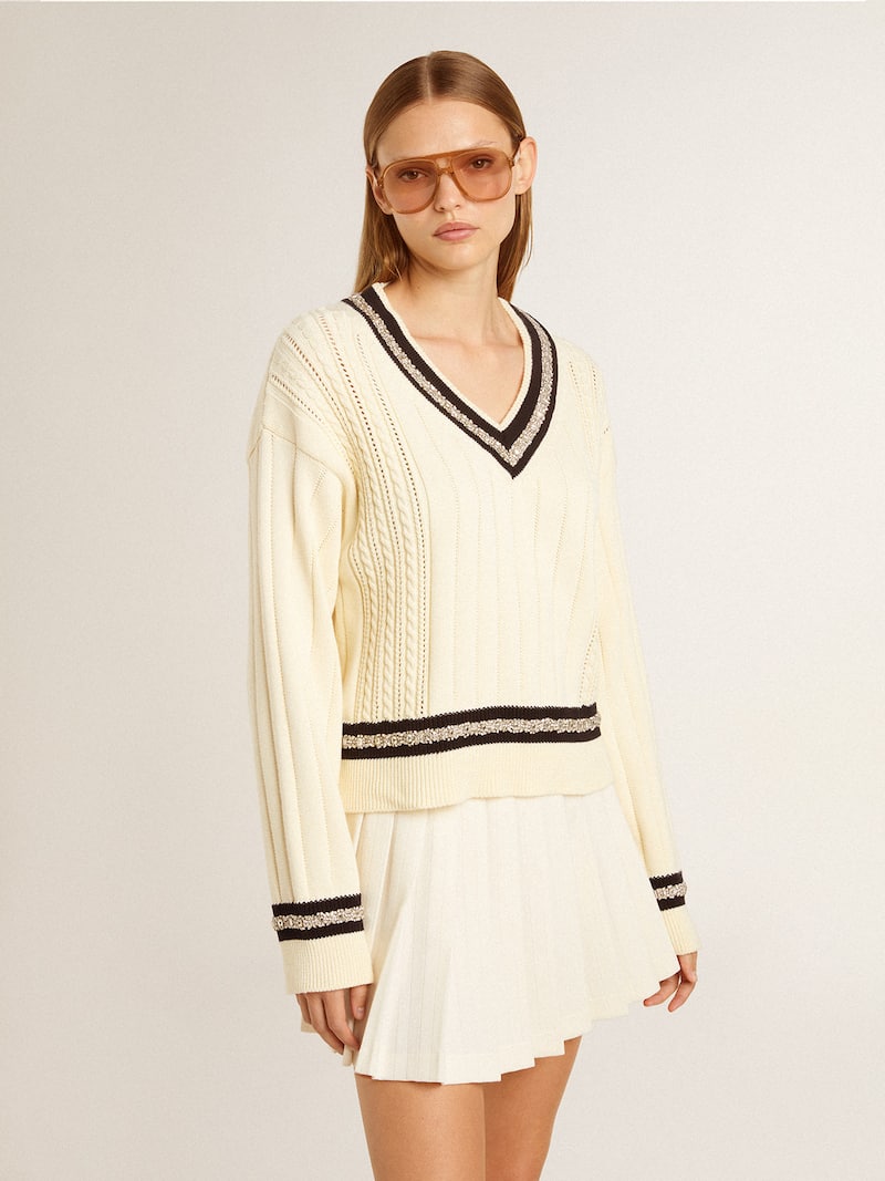 Golden Goose - Maglione cropped da donna con motivo intrecciato e costine blu con cristalli in 