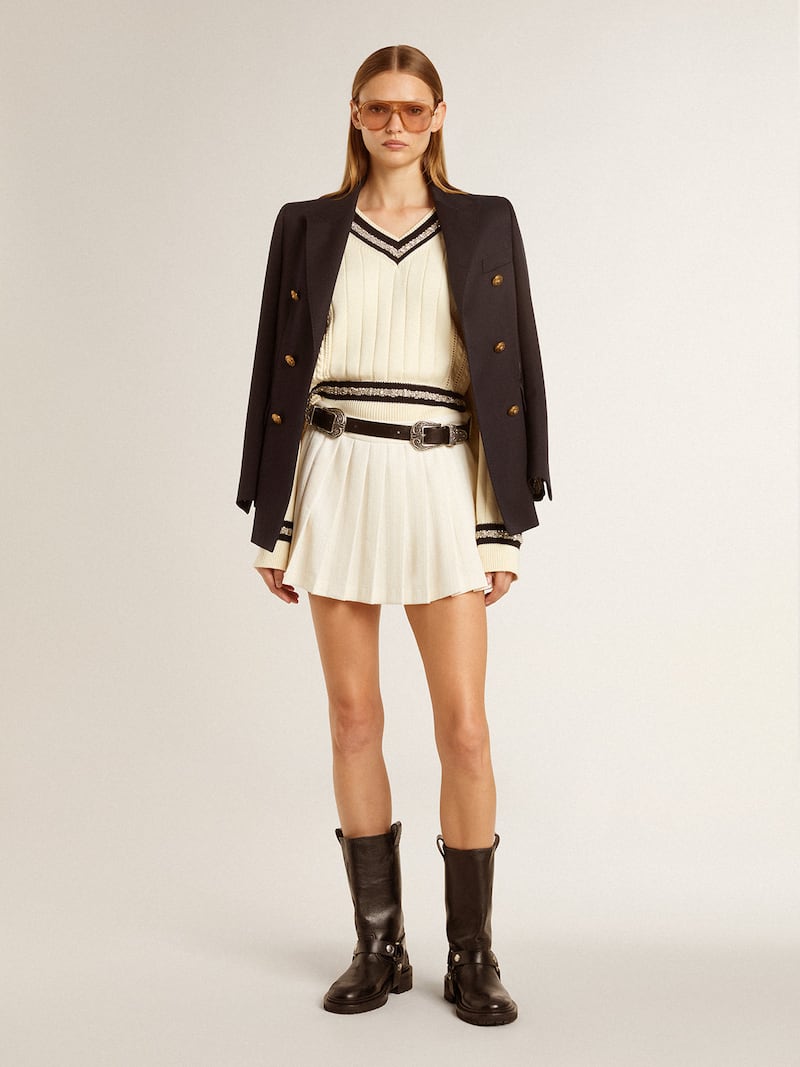Golden Goose - Maglione cropped da donna con motivo intrecciato e costine blu con cristalli in 