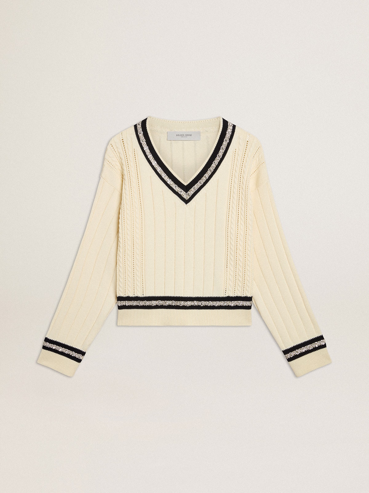 Golden Goose - Women's cable-pattern cropped sweater with blue ribbing and crystals in 