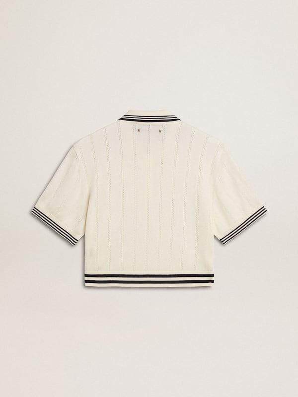 Golden Goose - Women's cropped worn-white cotton polo shirt with blue ribbing in 