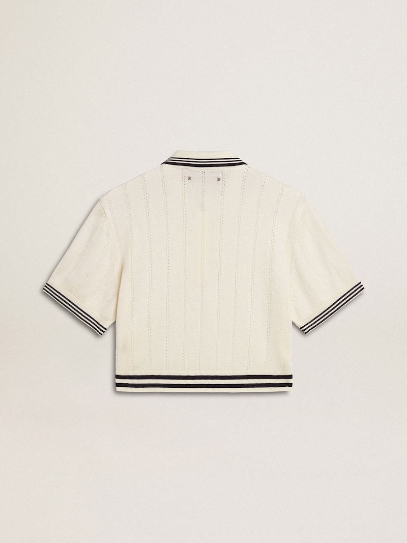 Golden Goose - Polo cropped da donna in cotone di colore bianco vissuto con costine blu in 