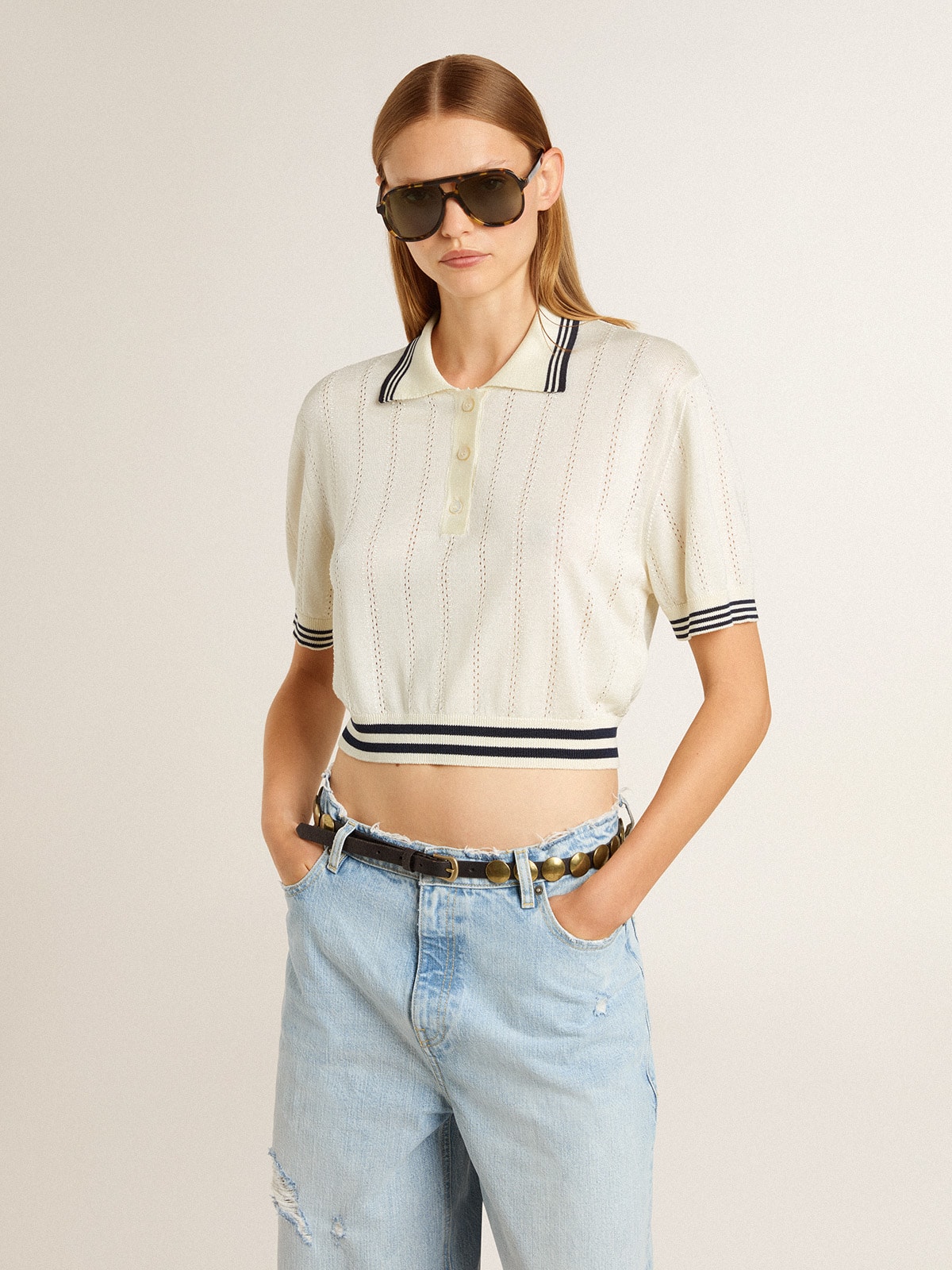 Golden Goose - Women's cropped worn-white cotton polo shirt with blue ribbing in 