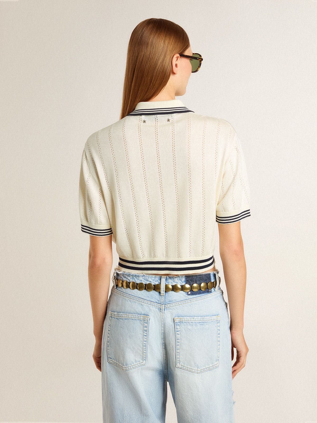 Golden Goose - Women's cropped worn-white cotton polo shirt with blue ribbing in 