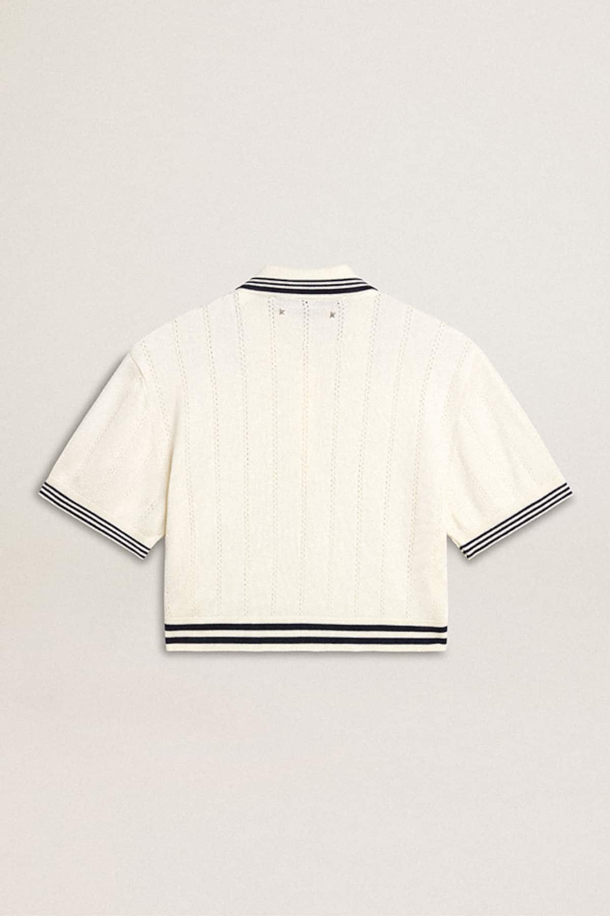 Golden Goose - Women's cropped worn-white cotton polo shirt with blue ribbing in 