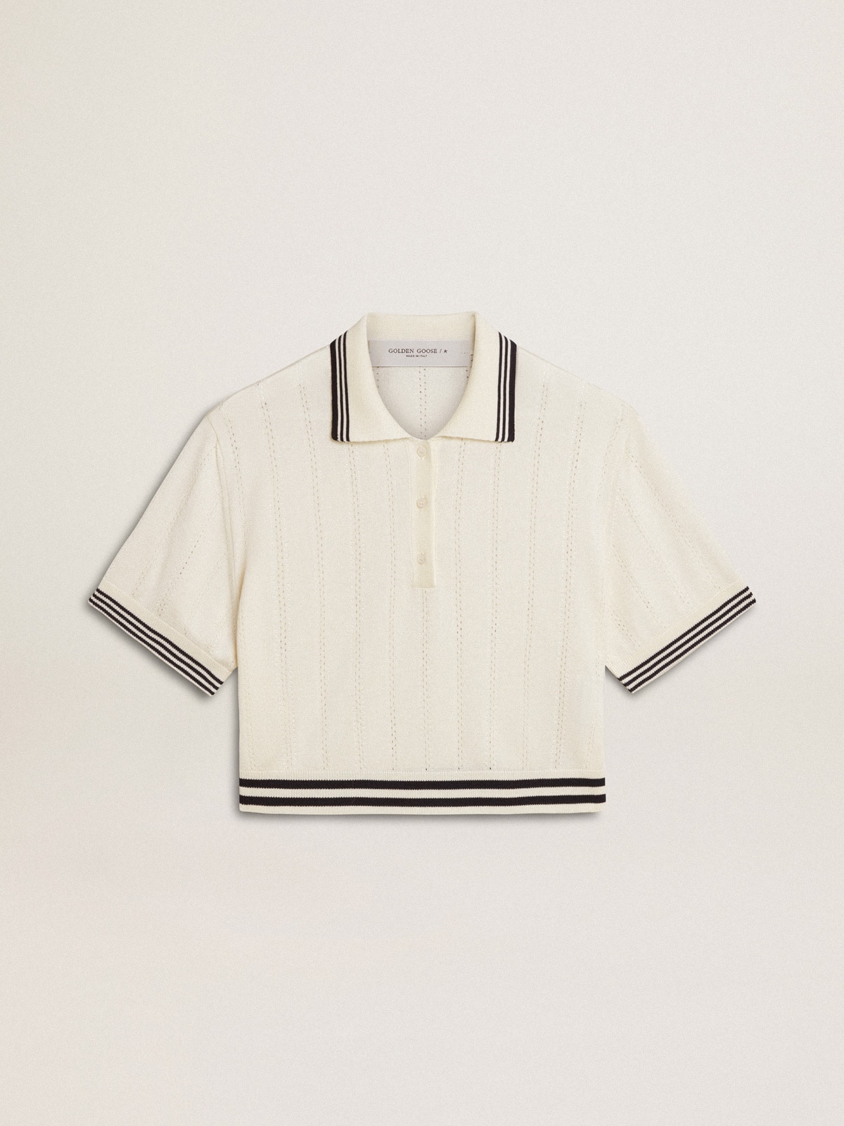 Golden Goose - Women's cropped worn-white cotton polo shirt with blue ribbing in 