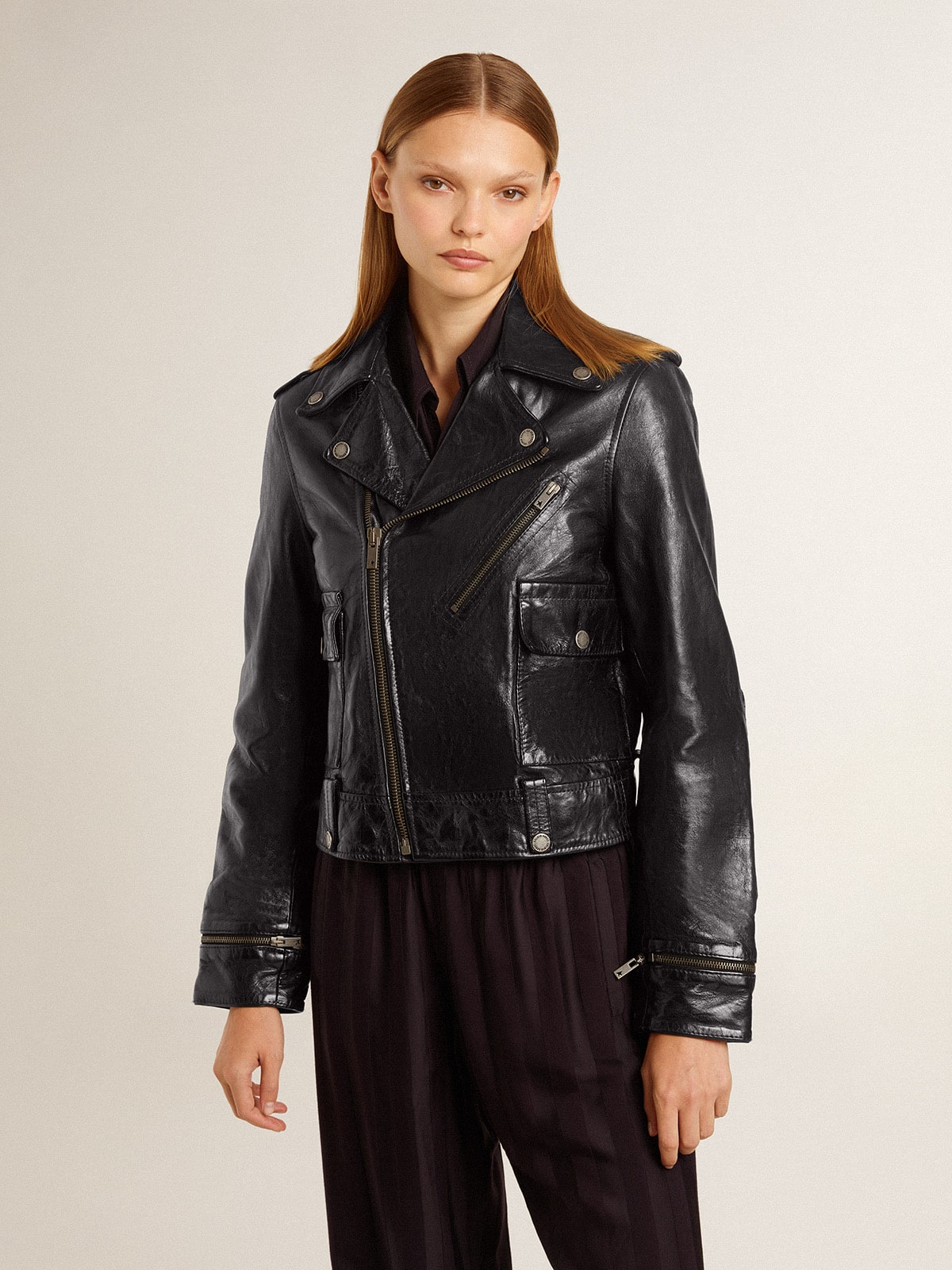 Golden Goose - Women’s black leather biker jacket with glossy effect in 