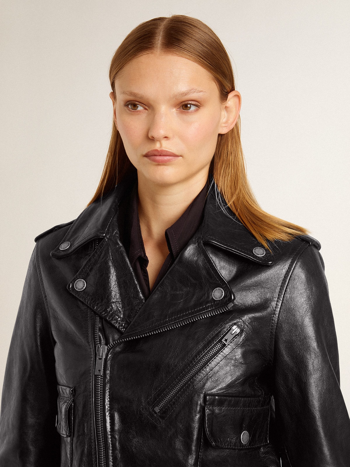 Golden Goose - Women’s black leather biker jacket with glossy effect in 