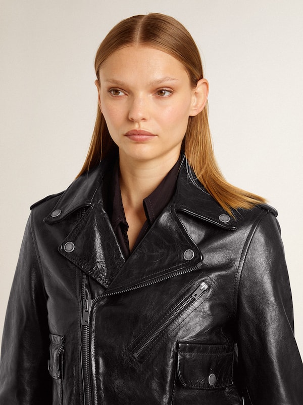 Golden Goose - Women’s black leather biker jacket with glossy effect in 