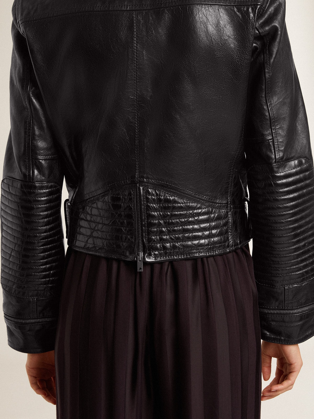 Golden Goose - Women's black leather biker jacket with glossy effect in 