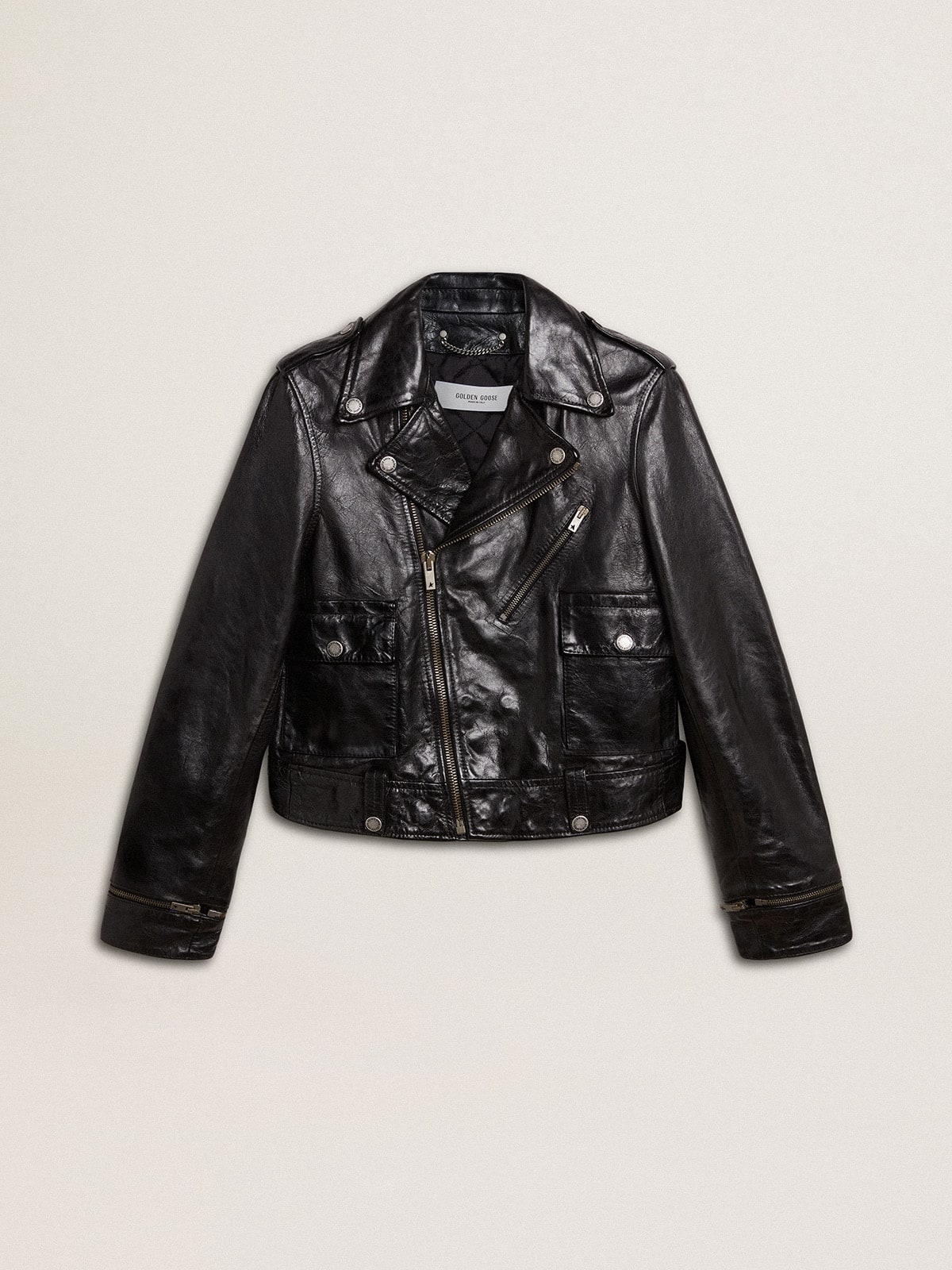 Women s black leather biker jacket with glossy effect