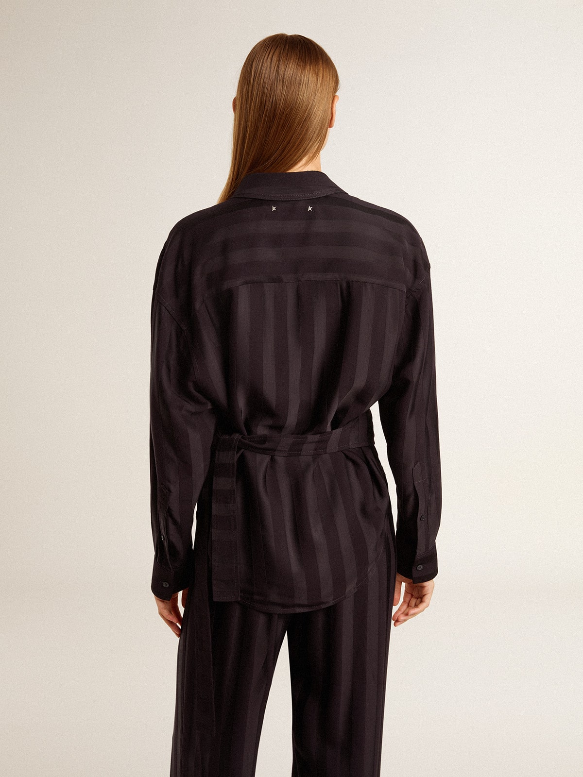 Golden Goose - Women's black shirt with vertical stripes and side knot closure  in 