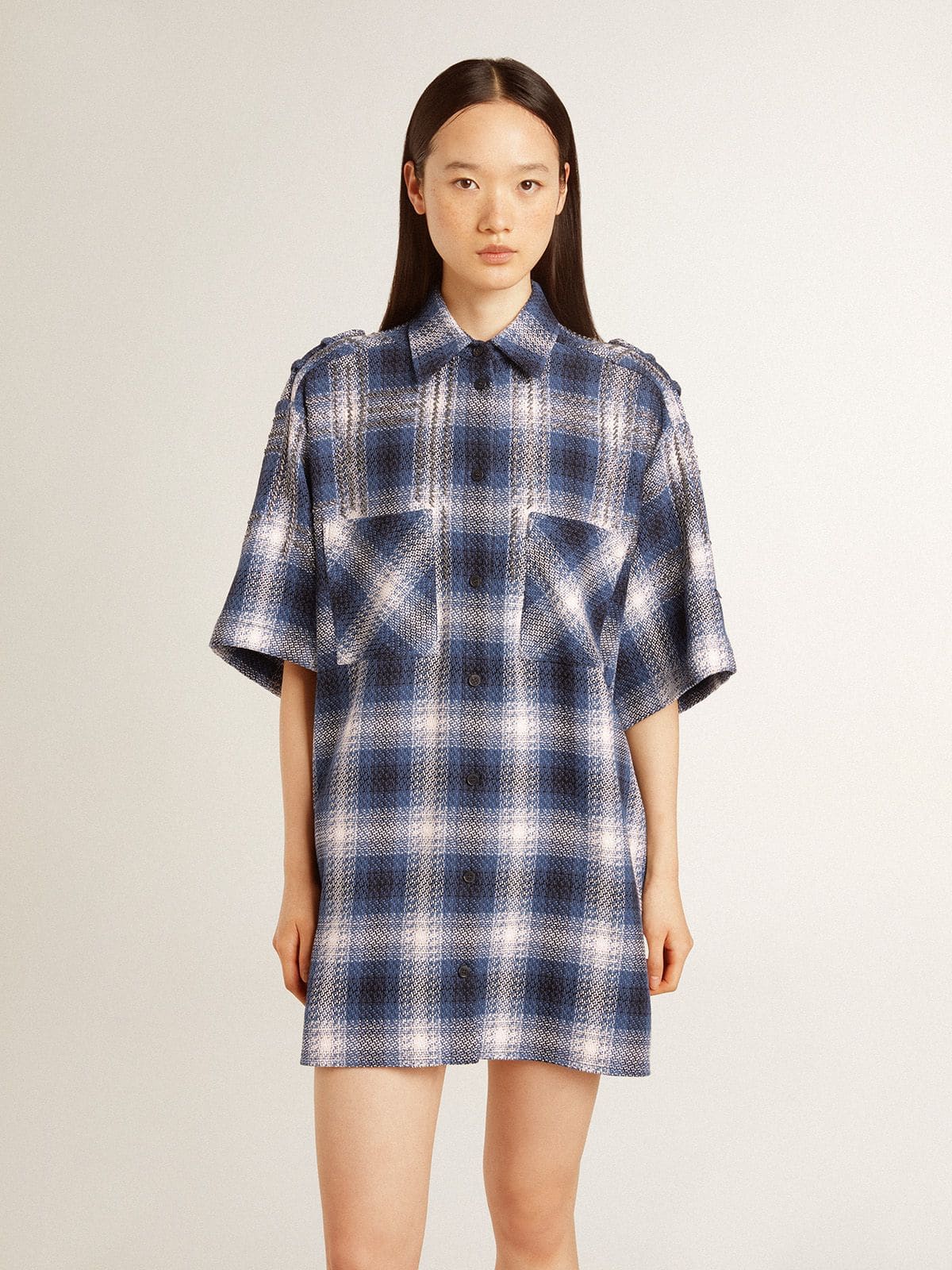 Golden Goose - Vestito chemisier da donna corto con motivo a scacchi 3D e ricami in 