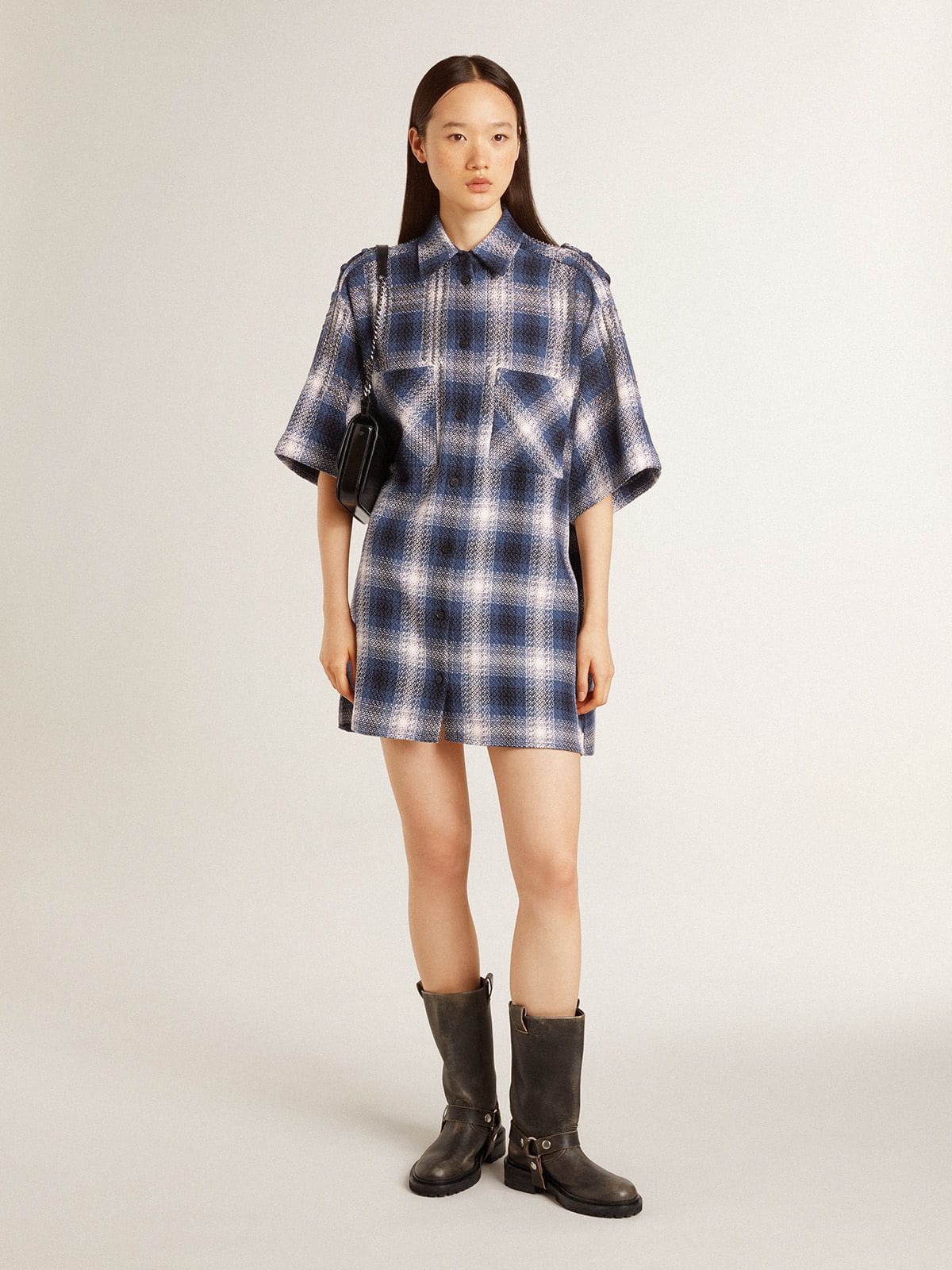 Golden Goose - Vestito chemisier da donna corto con motivo a scacchi 3D e ricami in 