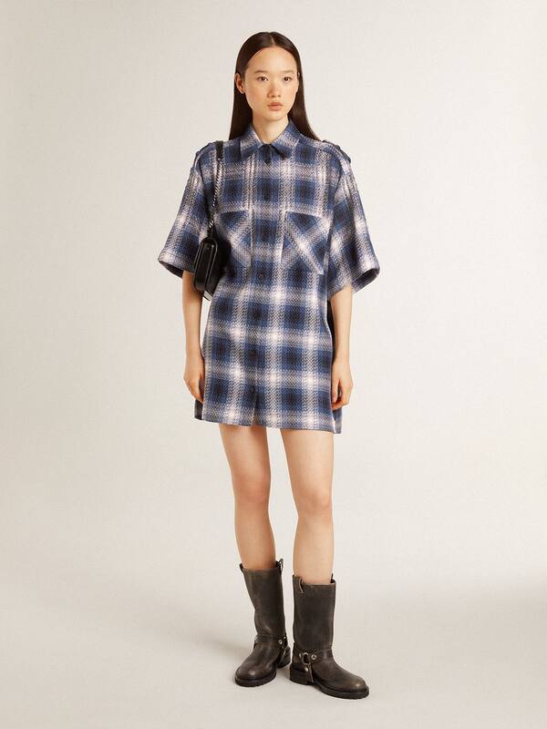 Golden Goose - Women's short shirt dress with 3D checkerboard pattern and embroidery in 