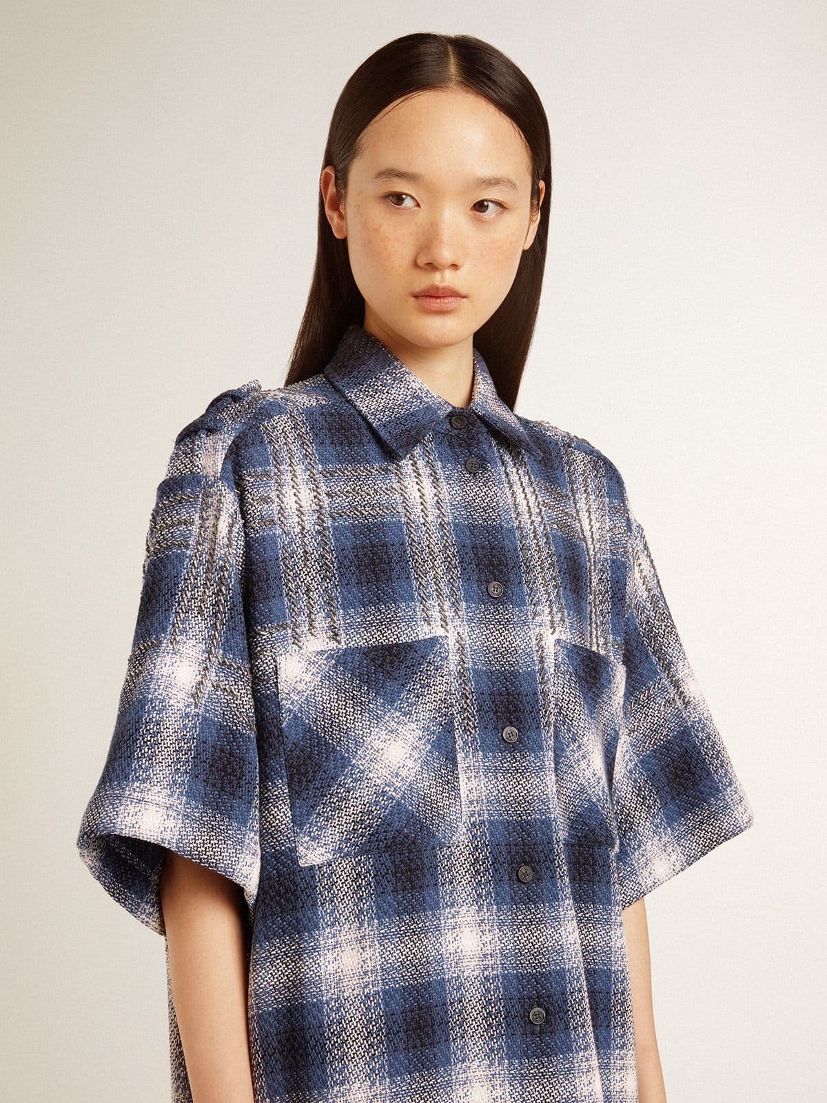 Golden Goose - Vestito chemisier da donna corto con motivo a scacchi 3D e ricami in 