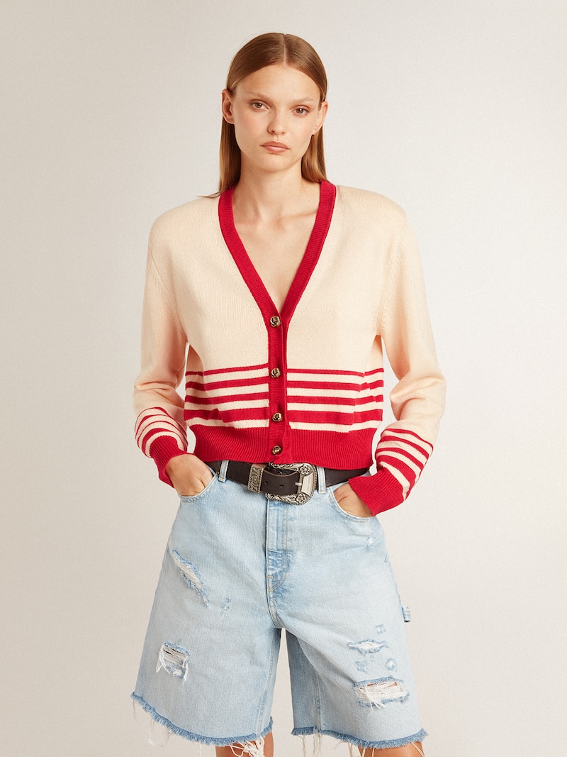 Golden Goose - Cremefarbener Damencardigan mit roten Streifen in 