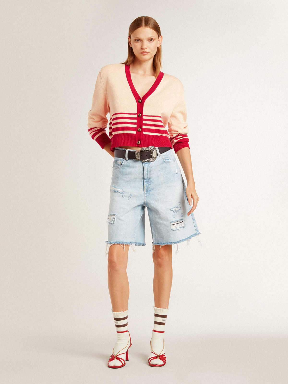Women's cardigan in cream with red stripes | Golden Goose