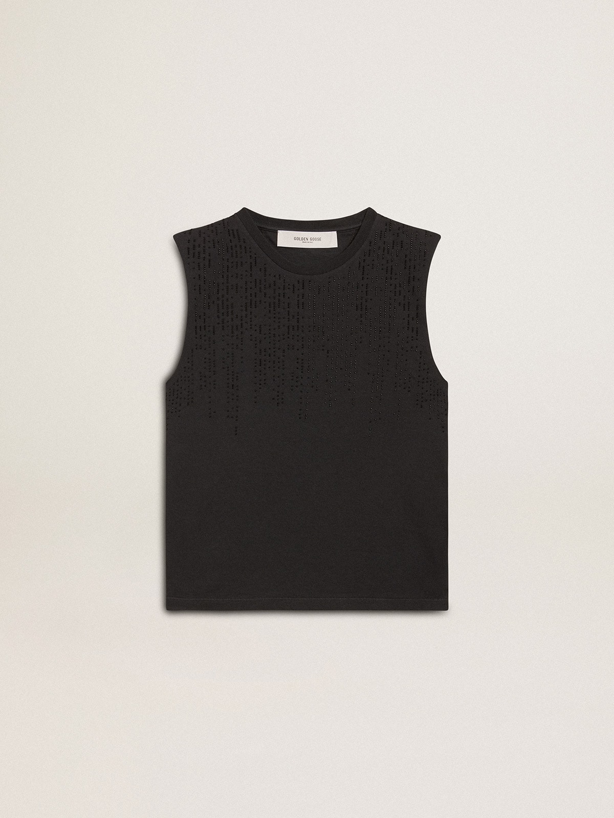 Golden Goose - Sleeveless T-shirt in worn-black with tone-on-tone gradient embroidery in 