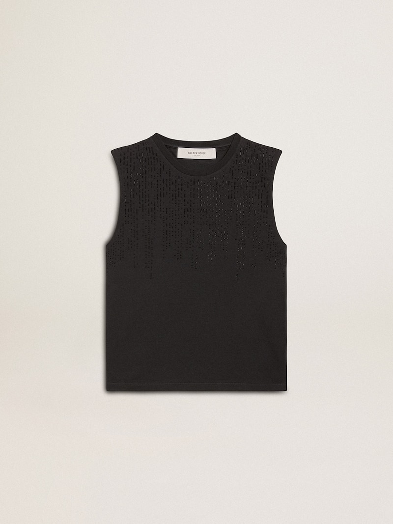 Sleeveless T-shirt in worn-black with tone-on-tone gradient embroidery