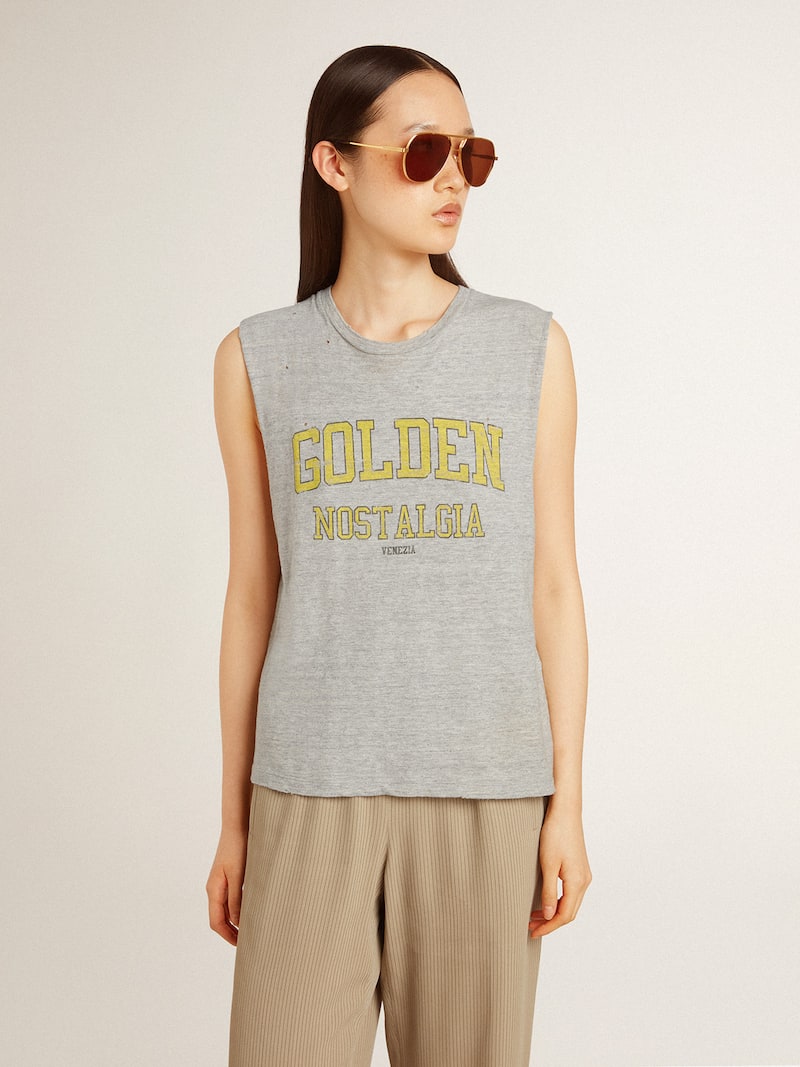 Golden Goose - &Auml;rmelloses Damenshirt in Grau mit gelbem Print in 