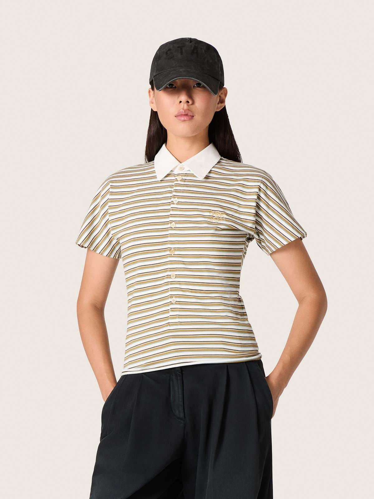 Golden Goose - Damen-Polohemd aus gestreiftem Jersey mit Kontrastkragen in 