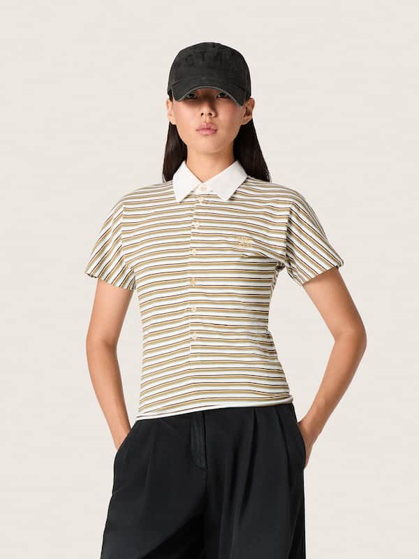 Golden Goose - Damen-Polohemd aus gestreiftem Jersey mit Kontrastkragen in 