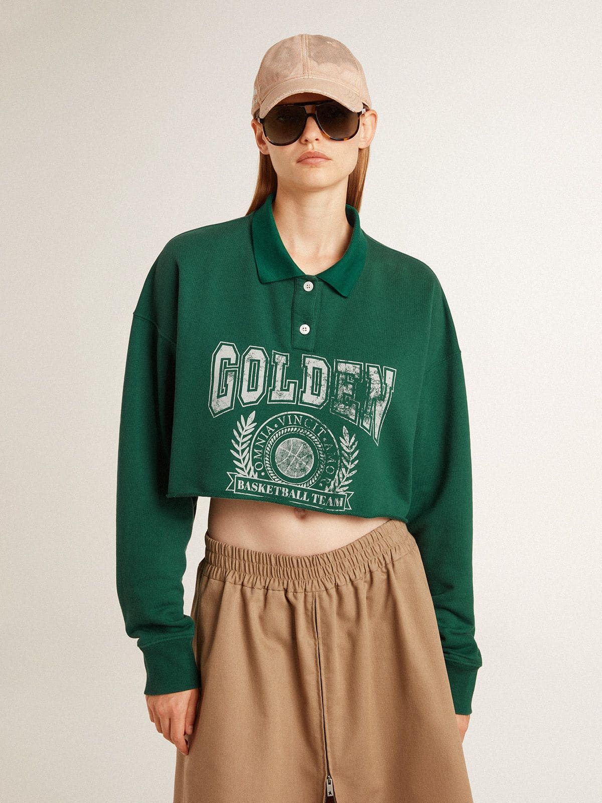 Women's green cropped polo sweatshirt with print