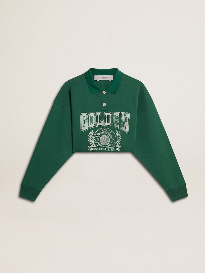 Women's green cropped polo sweatshirt with print