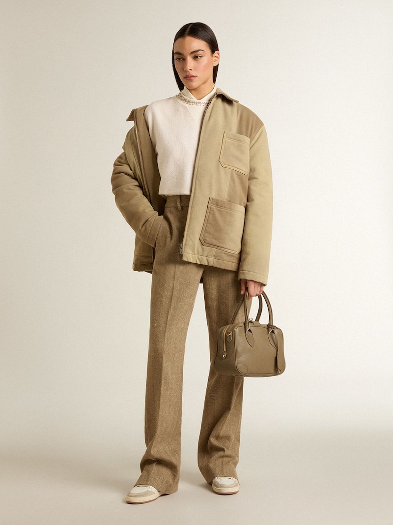Golden Goose - Felpa da donna cropped in cotone color panna con cristalli sul davanti in 