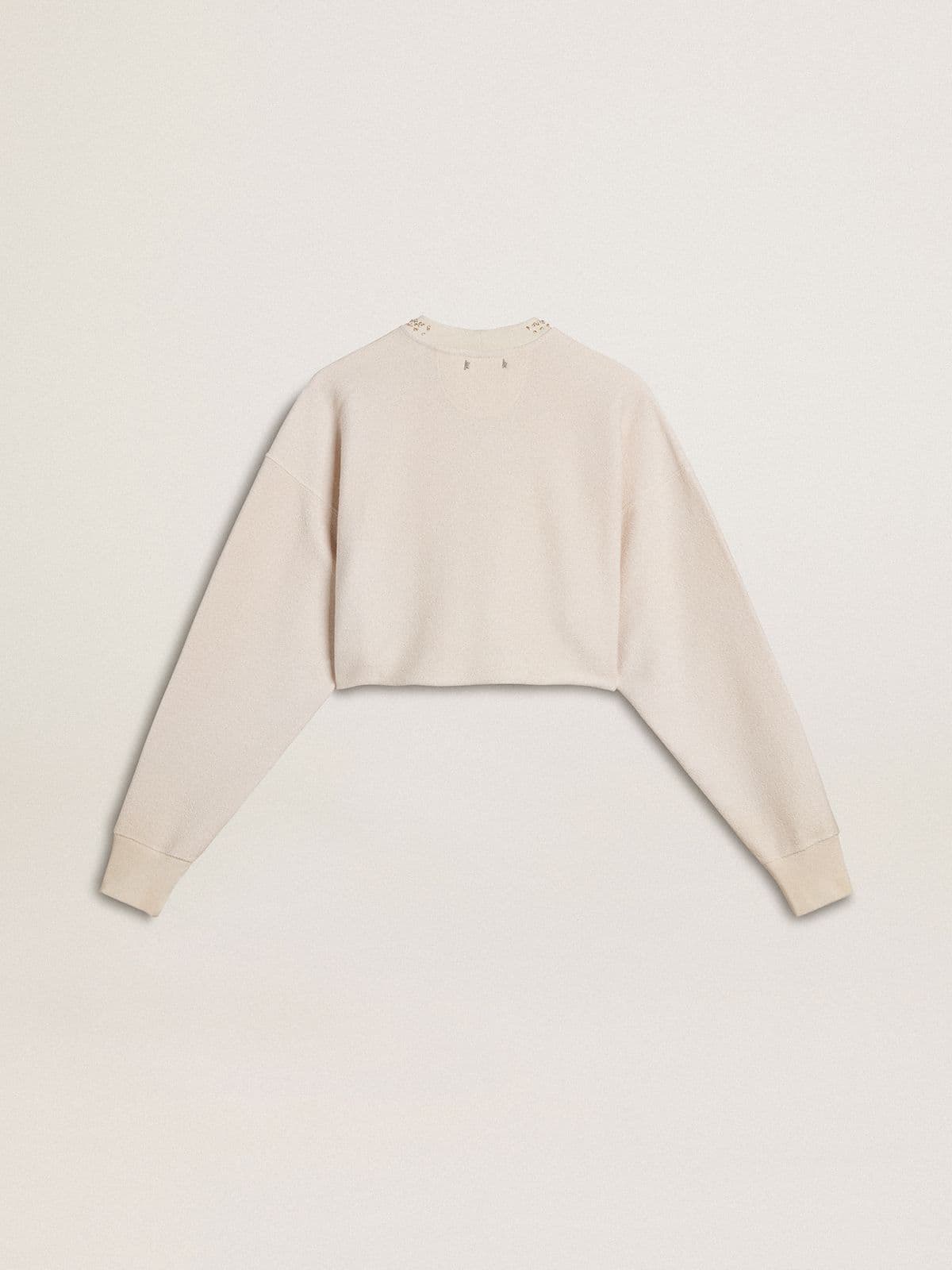 Golden Goose - Felpa da donna cropped in cotone color panna con cristalli sul davanti in 