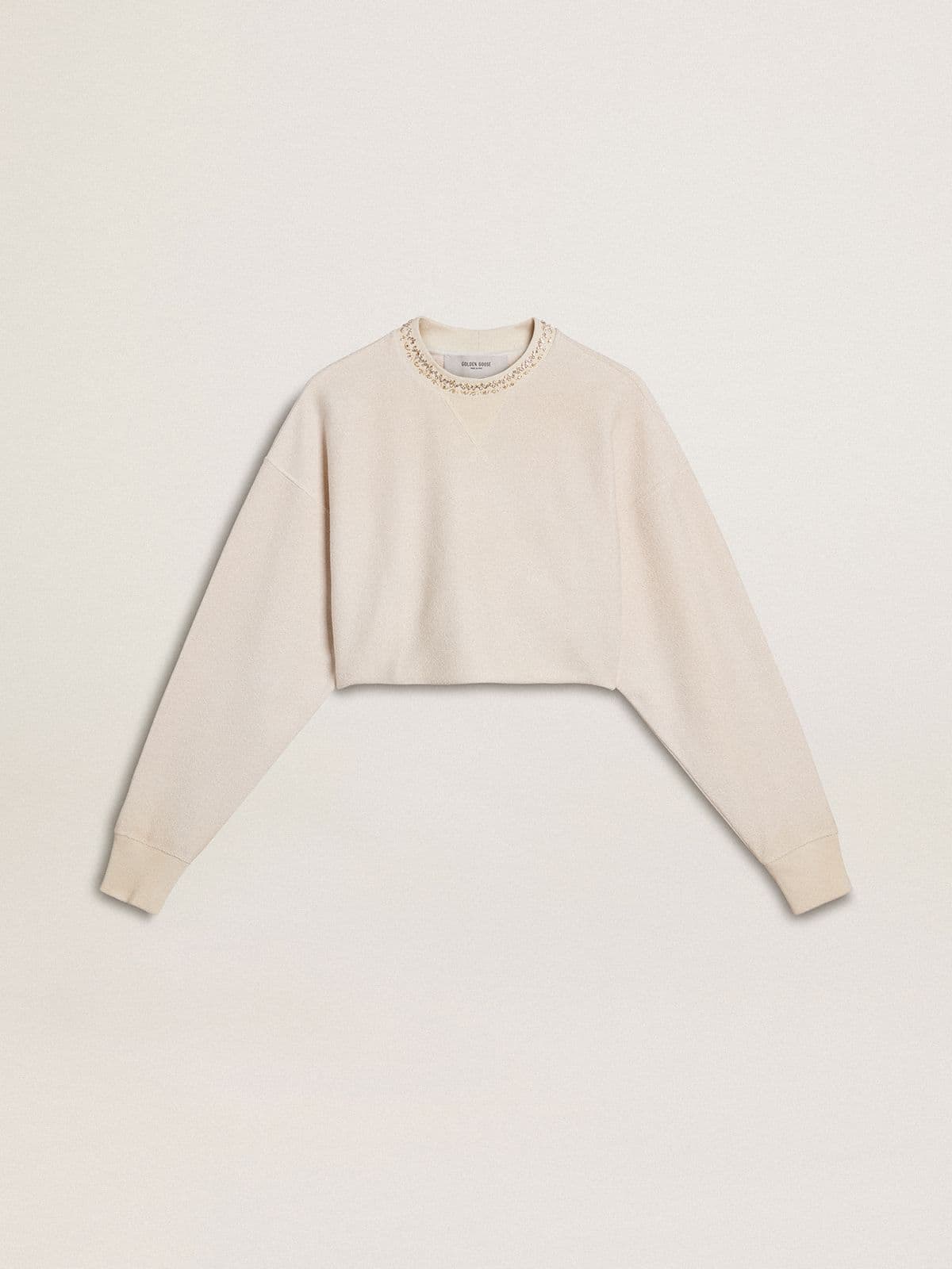 Golden Goose - Felpa da donna cropped in cotone color panna con cristalli sul davanti in 