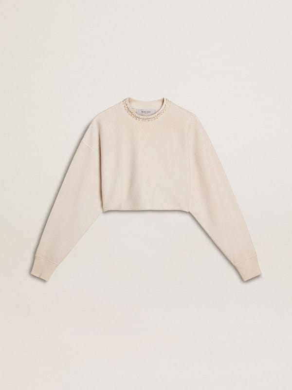Golden Goose - Women's cream cotton cropped sweatshirt with crystals on the front in 