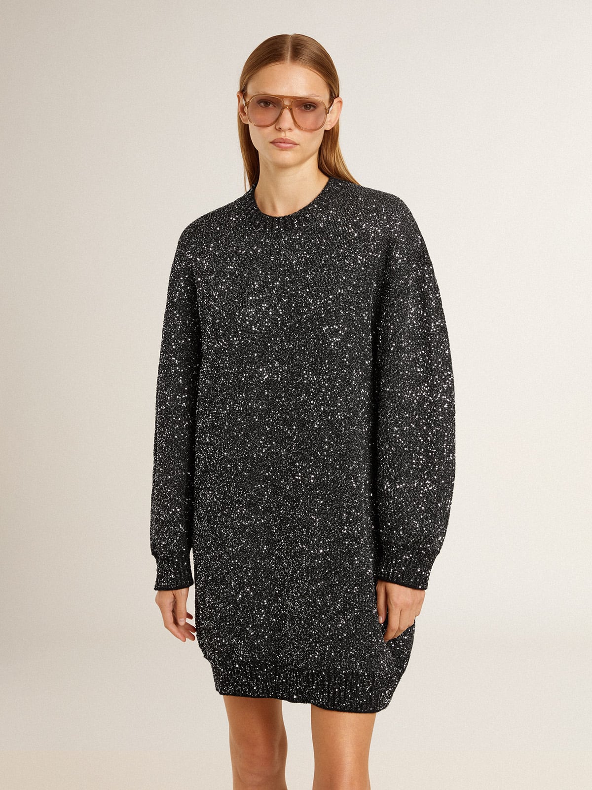 Golden Goose - Women's black crew neck dress with all-over silver sequins in 