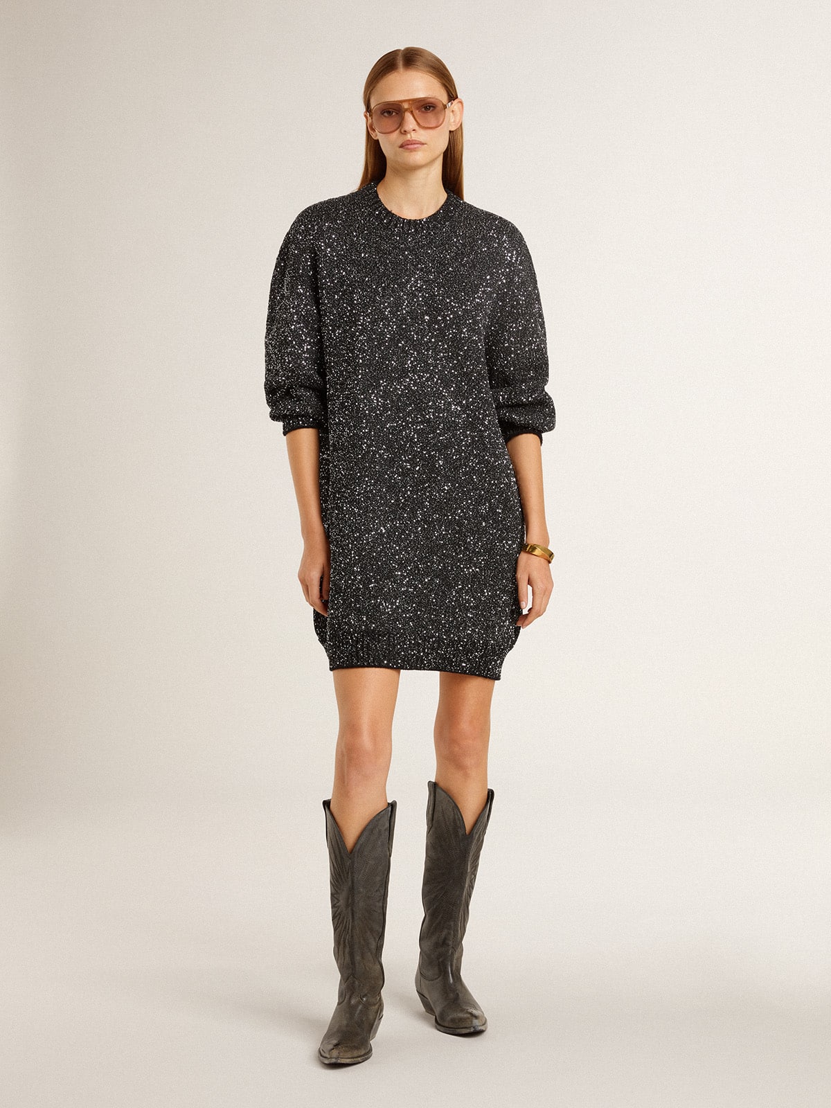 Golden Goose - Women's black crew neck dress with all-over silver sequins in 