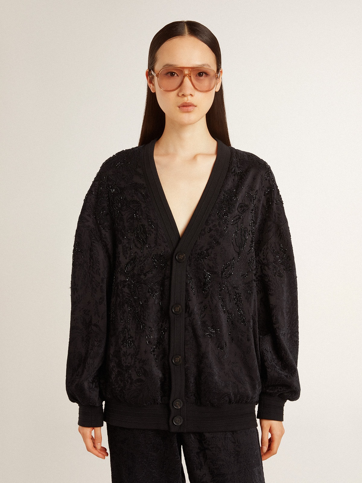 Golden Goose - Women's black cardigan with tone-on-tone toile de jouy bead embroidery in 